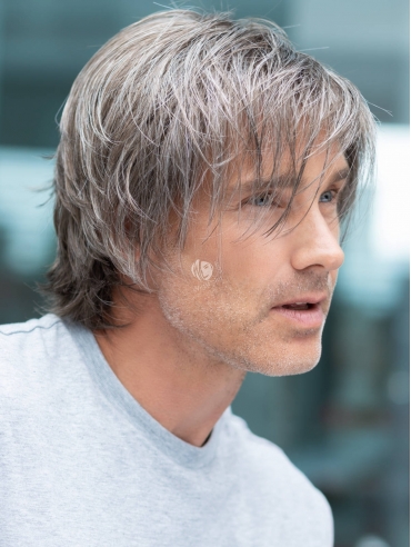 Natural Looking Brushed Back Style Grey Brunette Straight Men's Wigs 